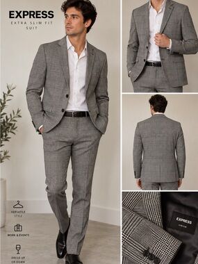 Express Extra Slim Men Suit Set  Plaided  Pants size 32x30 Blazer size 42